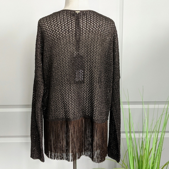 Liu Jo Cardigan Open Metallic Knit Fringe Semi Sheer Lightweight Brown L NWT - Picture 4 of 8